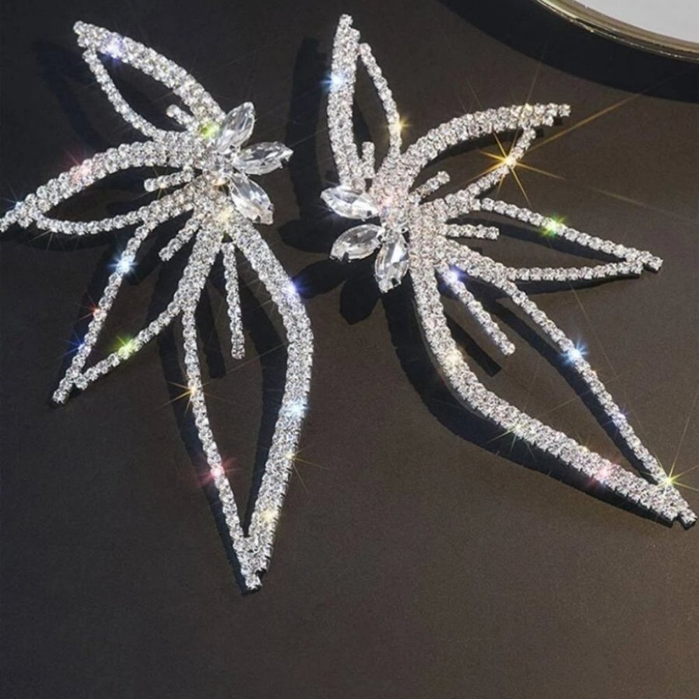 Rhinestone Leaf Design Studded Silver Earrings - Picture 9 of 12